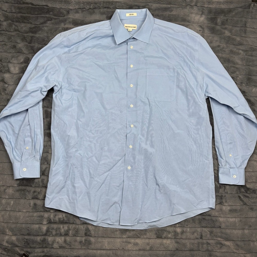 Pronto Uomo Mens Dress Shirt Blue 80s 2-Ply Non-Iron 18.5 36/37 Long Sleeve
